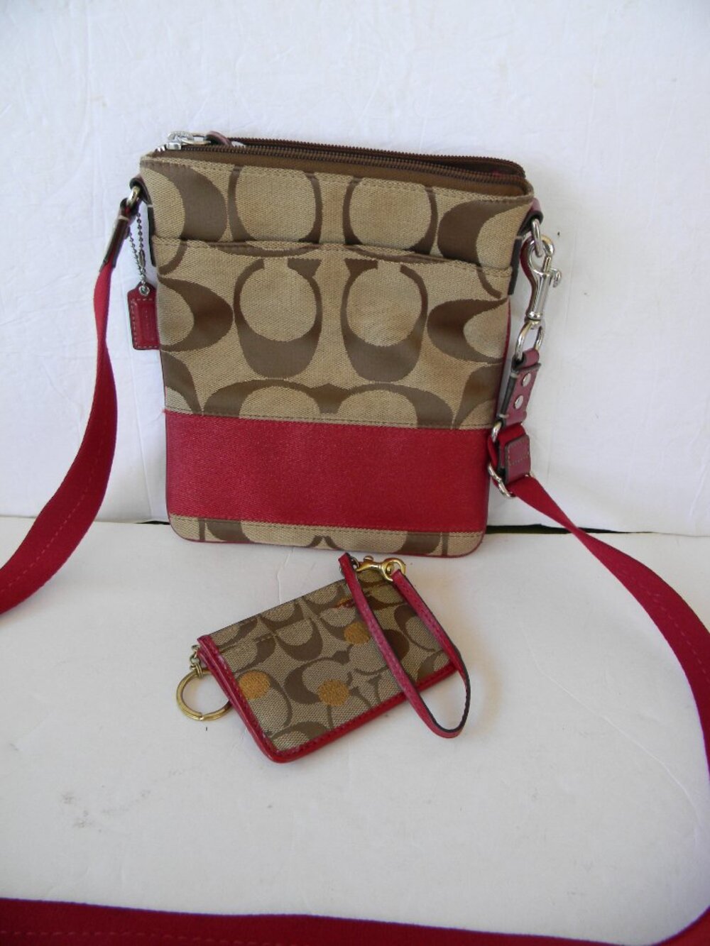 Coach Signature Stripe Swingpack Crossbody Bag RED/KHAKI & MATCHING ID HOLDER